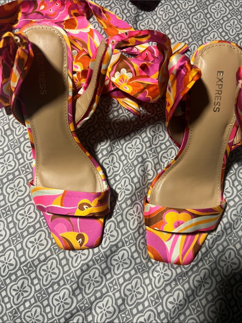 Express Pink & Orange Floral Wrap-Heel Sandals - Picture 2 of 3